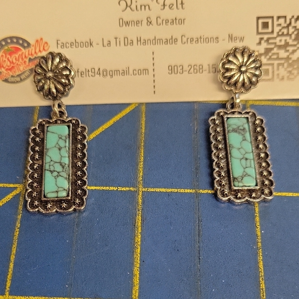 Silver Tone Turquoise Faux 1 1/2"  Earrings